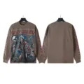 Vintage washed long sleeve t-shirt with graphic print, streetwear casual loose fit top. - G61107 Washed Light Coffee