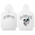 Unisex streetwear white hoodie with gothic Godspeed letter print and skull city graphic back. - S / Tops / White