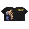 Washed black short sleeve t-shirt with flaming skull print and back yellow lettering style. - S / Tops / Washed Black