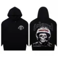 Black streetwear hoodie for men and women, featuring cool skull and letter graphic print. - S / Tops / Black