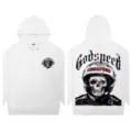 Unisex white gothic streetwear hoodie featuring cool skull helmet graphic and bold lettering. - S / Tops / White