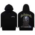 Black streetwear hoodie with cool skull graphic back print and front text design. - S / Tops / Black