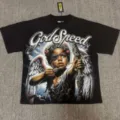 T-shirt noir lave manches courtes avec graphique d'ange lettres strass style streetwear - G876 Noir
