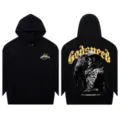 Men women black streetwear hoodie with vintage skeleton eagle back print and front logo. - S / Tops / Black