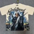T-shirt graphique vintage unisexe délavé avec strass et imprimé ange cheval désert. - G875 Abricot