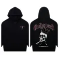 Gothic skull print black hoodie for men and women, high street loose streetwear hooded sweatshirt. - S / Tops / Black