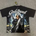 Homme Femme Vintage Délavé Graphique T-Shirt Oversized Streetwear Strass God Speed Manches Courtes - G875 Noir