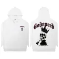 White graphic hoodie featuring gothic lettering and skull chess print on chest and back. - S / Tops / White