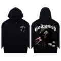 Casual black hoodie featuring gothic skull graphics and bold Godspeed lettering print. - S / Tops / Black