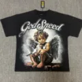 T-shirt noir à manches courtes lavé vintage avec impression graphique et strass style streetwear - G873 Noir