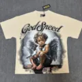 T-shirt à manches courtes beige délavé vintage avec graphique d'ange rétro et strass. - G873 Abricot