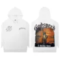 White streetwear hoodie with Godspeed gothic print and Statue of Liberty back graphic. - S / G612 / White