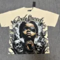 T-shirt beige streetwear a manches courtes avec imprime graphique et strass details Sku - G872 Abricot
