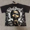 T-shirt graphique noir délavé vintage à manches courtes avec lettres strassées pour hommes et femmes. - G872 Noir