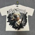 T-shirt à manches courtes beige délavé vintage avec imprimé ange et style streetwear. - G871 Abricot
