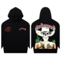 Black hoodie featuring a vintage cowboy skull graphic on the back and stylish logo prints. - S / G609 / Black