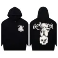 Black streetwear hoodie with graphic skull and angel print, oversized unisex hooded sweatshirt. - S / G608 / Black