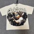 T-shirt graphique lavé vintage pour hommes et femmes, streetwear style avec imprimé strass. - G870 Abricot