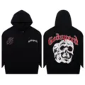 Black streetwear hoodie featuring front letter print and back skull graphic, loose fit. - S / Tops / Black