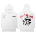 White graphic hoodie for men and women, loose streetwear pullover with skull print and letters. - S / Tops / White