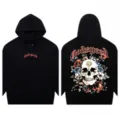Black streetwear hoodie featuring skull and floral back print, loose fit hooded sweatshirt. - S / Tops / Black