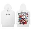 White graphic hoodie featuring a skull, floral print, and gothic chest text for streetwear. - S / Tops / White
