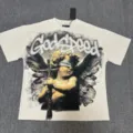T-shirt graphique lavé vintage pour hommes et femmes, avec strass et motif d'ange. - G868 Abricot