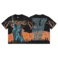 Vintage streetwear black t-shirt with graphic print statue of liberty short sleeve top - S / Tops / Washed Black Orange (1193)