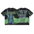 Vintage washed black short sleeve t-shirt with graphic print streetwear style for men and women - S / Tops / Washed Black Green (1193)
