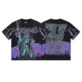 Vintage washed black short sleeve t-shirt with graphic print, high street streetwear tee for men - S / Tops / Washed Black Purple (1193)