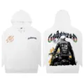 Men's women's white streetwear hoodie featuring graphic skull rider and Godspeed print. - S / G604 (Top) / White