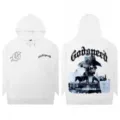Unisex white gothic Godspeed skull graphic print loose streetwear hooded sweatshirt. - S / G603 (Top) / White