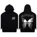 Black streetwear hoodie featuring skull butterfly graphic and Godspeed text, loose fit unisex top. - S / Tops / Black