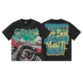 Washed black graphic t-shirt featuring front car print and bold back lettering design. - S / Top (1185) / 1185 Washed Black