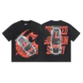 Washed vintage black short sleeve t-shirt with racing car graphic and bold red back print. - S / Tops / Washed Black (1180)