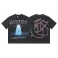 Vintage washed short sleeve t-shirt with UFO graphic print and gothic back letter for streetwear. - S / Tops / Washed Black