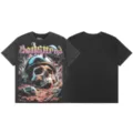 Vintage washed short-sleeve T-shirt featuring a front skull sci-fi graphic print, relaxed fit unisex streetwear style. - S / Tops / Washed Black (G853)