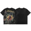 Vintage acid wash short sleeve graphic t-shirt for men and women, heavy weight streetwear. - S / Sci-Fi Astronaut And Skull Letter Pattern (G847) / Washed Black