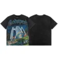Vintage washed graphic short sleeve t-shirt with sci-fi print for men and women street style - S / Sci-Fi Spaceship And English Letter Pattern (G846) / Washed Black