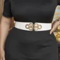 Damen Breiter Elastischer Taillengürtel Weißes Leder Kleid Gürtel mit Gold Schnalle - Weiß