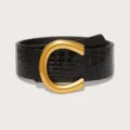 Large ceinture en cuir noir motif crocodile avec boucle dorée en C pour femme. - Noir
