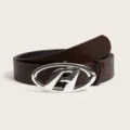 Ceinture en cuir marron foncé dotée d'une boucle ovale argentée, bel accessoire rétro. - Café