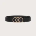 Ceinture en cuir noir avec boucle triple cercle perlé doré, accessoire élégant pour robe de femme. - Noir