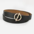 Ceinture femme mode en cuir PU noir avec une boucle ronde metallique doree chic - Noir