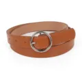 Ceinture femme en cuir marron décontractée avec boucle ronde métallique pour jeans et robes. - Marron