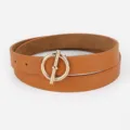 Ceinture femme en cuir PU boucle ronde dorée T-bar élégante ceinture style décontracté - Marron