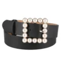 Ceinture femme mode en cuir noir avec boucle carrée élégante incrustée de perles. - Noir / 80-100cm