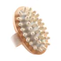 Wooden body massage brush detail showing oval shape, wooden nubs, and comfortable grip strap. - Classic