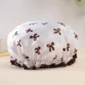 White waterproof shower cap with brown bow print and ruffled edge for daily hair care home use - Grey White