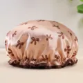 Double layer satin waterproof shower cap with cute bow print, stylish hair cover for bath - Coffee Brown